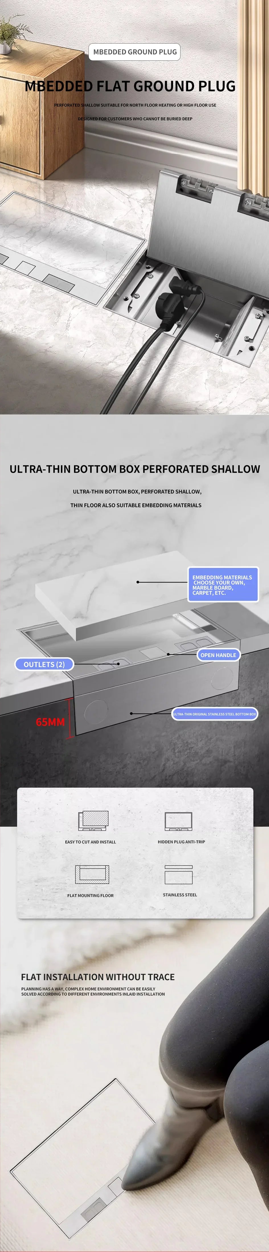 Hidden Inlaid Floor Socket Ultra-thin Design Built-in Multiple Power EU FR UN US AC Power Outlets and USB Charging Port