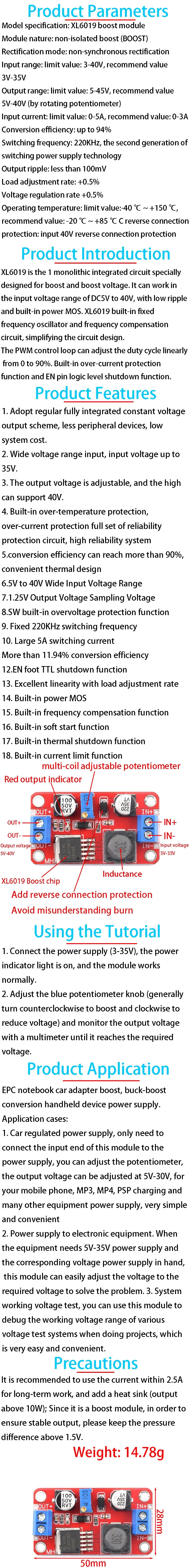 XL6019 DC-DC Adjustable Boost Power Supply Module 5A High Power XL6009 / LM2577 Upgrade