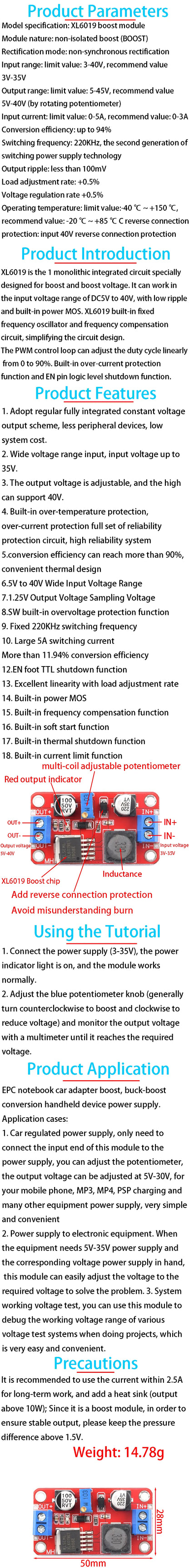 XL6019 DC-DC Adjustable Boost Power Supply Module 5A High Power XL6009 / LM2577 Upgrade