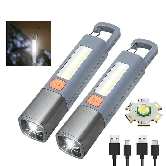 Portable Strong Light LED Zoom Flashlamp Built-in Battery USB Rechargeable with Hook Camping Hanging Lamp COB Side Lamp