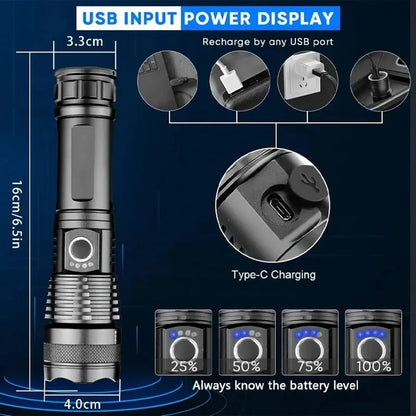 LED+COB Ultra Bright Flashlight Rechargeable 5mode Lamp Aluminum Alloy Zoomable Light Tactical Torch for Outdoor Camping Fishing
