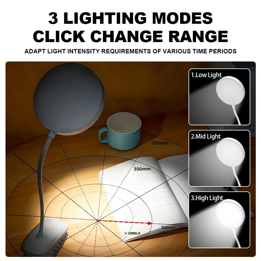 Folding Clamp Led Table Lamp Rechargeable Night Light Study Stand Read Lamp Touch 3 Modes Dimming Eye Protection Light Emergency