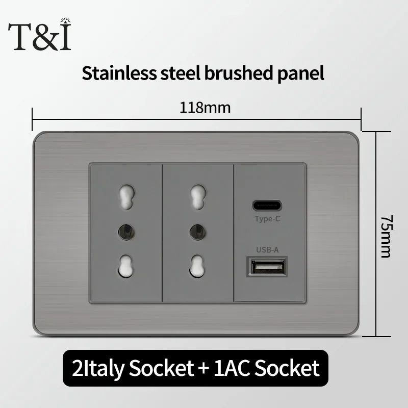 Stainless Steel Wall Socket 118x75mm Italian-Style with USB-C Schuko Chilean Plug Brushed Finish for Home Office