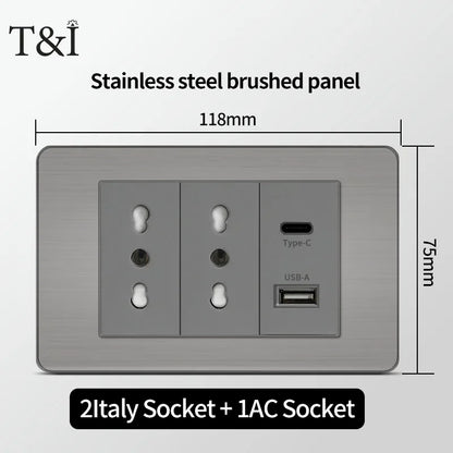 Stainless Steel Wall Socket 118x75mm Italian-Style with USB-C Schuko Chilean Plug Brushed Finish for Home Office