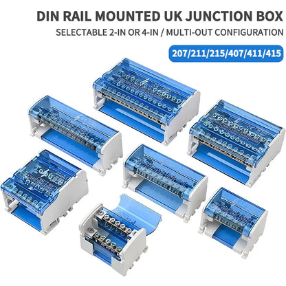 UK207 UK211 UK215 UK407 UK411 UK415 DIN Rail Terminal Block 125A Electrical Distribution Junction Box 1 In 2 4 6 Out