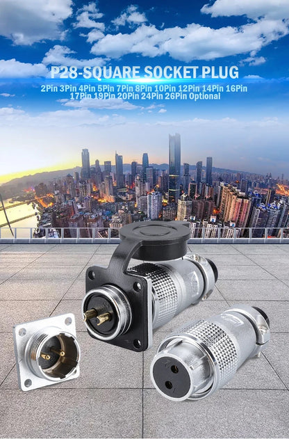 P28 Aviation Connector Square Flange Socket Male Female Circular Butt Joint 2/3/4/5/7/10/12/14/16/19/20/24 Pin P28K2Q PLS28