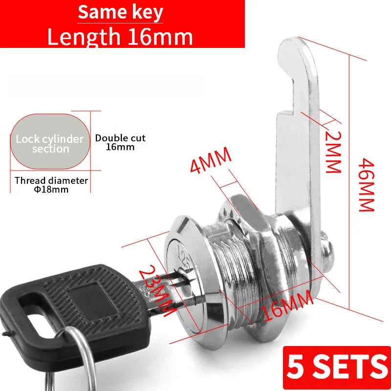 Cabinet Cam Lock Set Two-Sided Keyed Alike 16MM-30MM Cylinder Cam Locks for Mailbox File Drawer Compartment