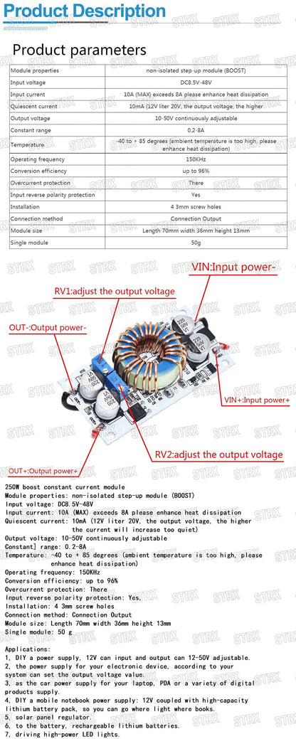 DC-DC Boost Converter Module 250W 10A Non-Isolated Step-Up LED Driver for Mobile Power Supply