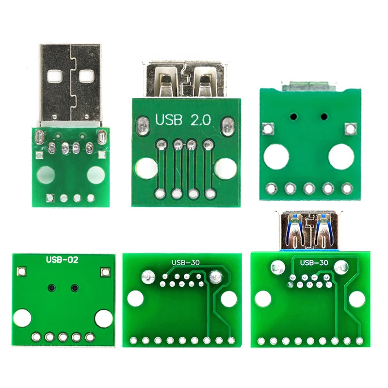 USB Male to DIP Adapter — Mini-B / Micro-B / Type-C / USB-A 2.0 / 3.0, PCB Breakout (2-Pack)