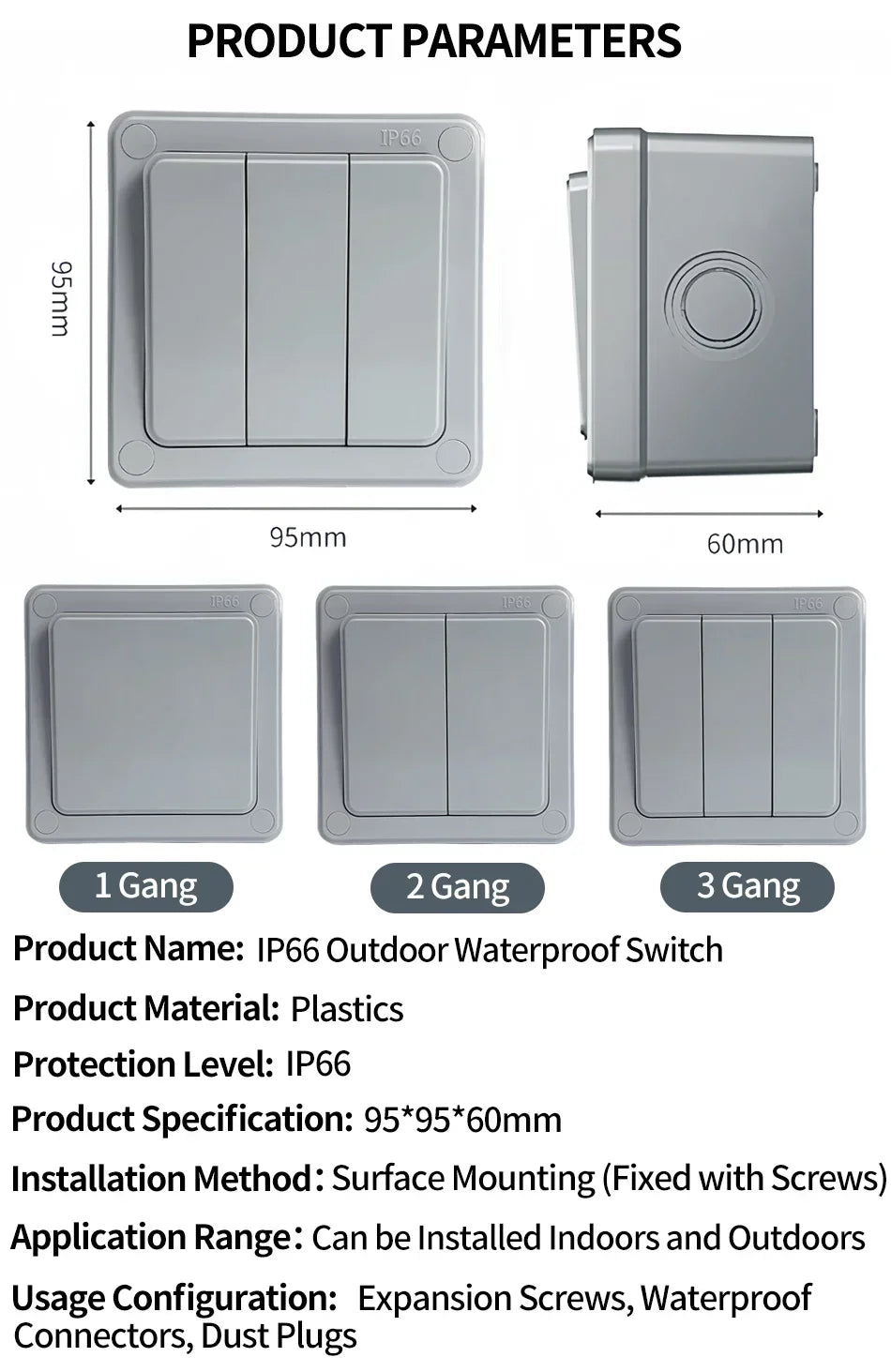 IP66 Outdoor Wall Switch 16A Weatherproof Push Button 1/2/3 Gang Electrical for Garden Patio Exterior Use