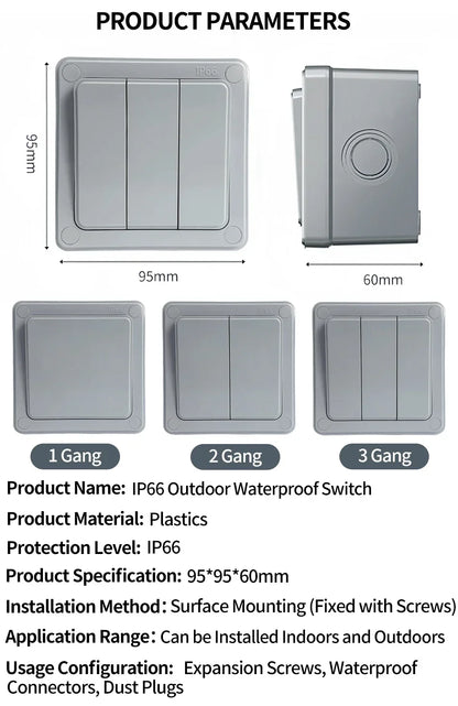 IP66 Outdoor Wall Switch 16A Weatherproof Push Button 1/2/3 Gang Electrical for Garden Patio Exterior Use