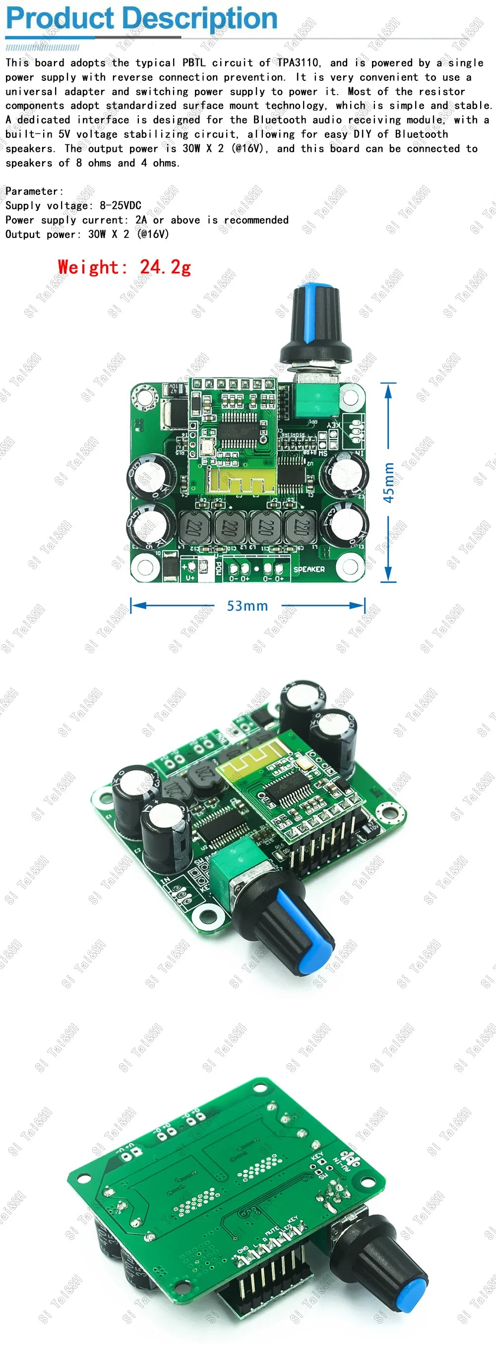Bluetooth 4.2 TPA3110 Dual Channel 15W/30W Stereo Audio Amplifier Board for USB Portable and Car Speakers