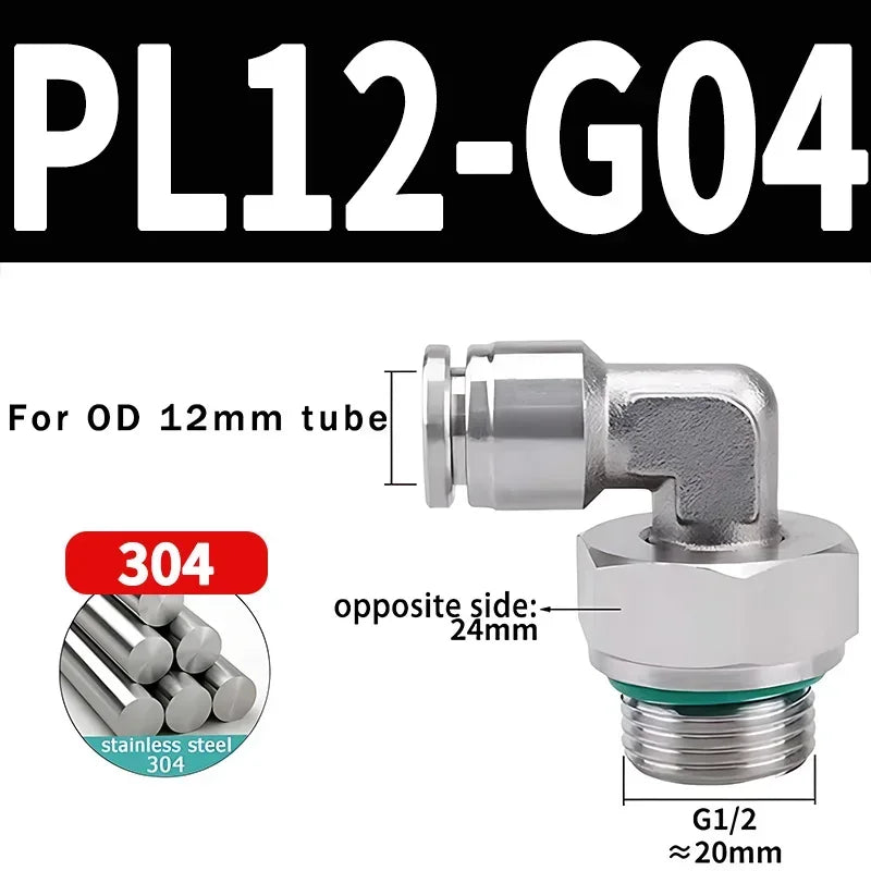 PL-G 304 Stainless Steel Pneumatic Elbow Fitting 1/8 1/4 3/8 1/2 External G Thread Quick Coupling Joint