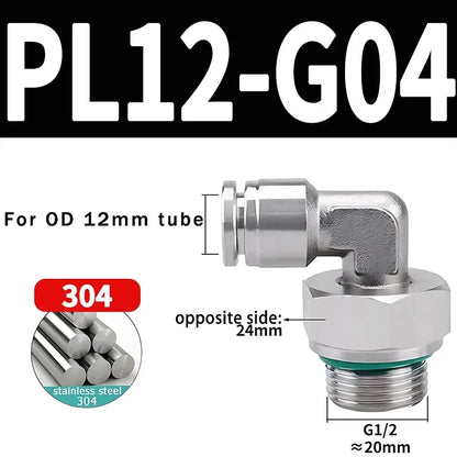 PL-G 304 Stainless Steel Pneumatic Elbow Fitting 1/8 1/4 3/8 1/2 External G Thread Quick Coupling Joint