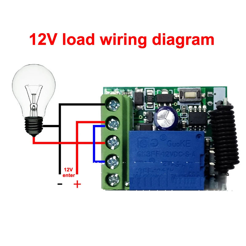 DC 12V 10A RF Relay Receiver 433mhz Wireless Remote Control EV1527 Learning Code Transmitter 2 bottons