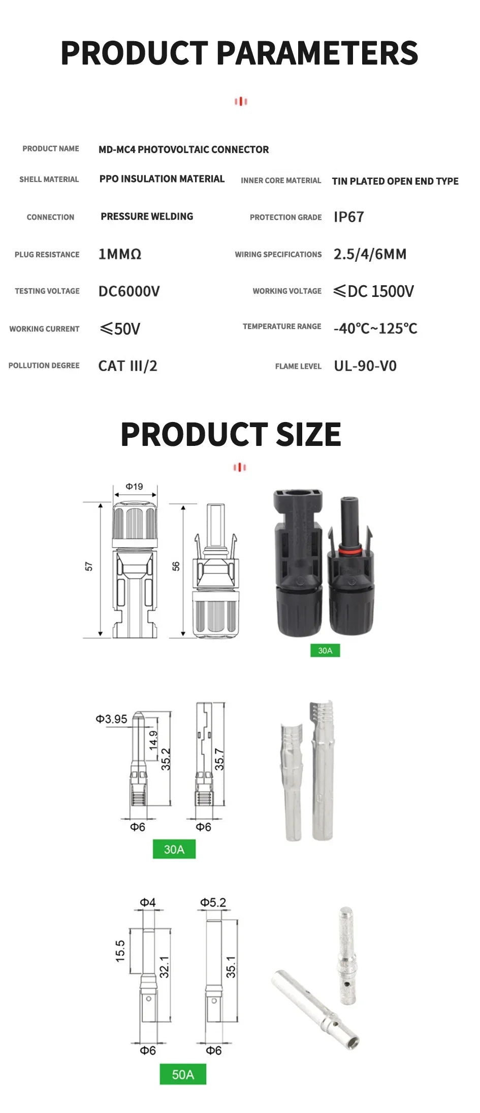 400/200/100/40/20/10 Pcs Photovoltaic Solar Connector 1000V30A Wholesale Panel Connectors Kit for PV/MC Cable 2.5/4/6mm²