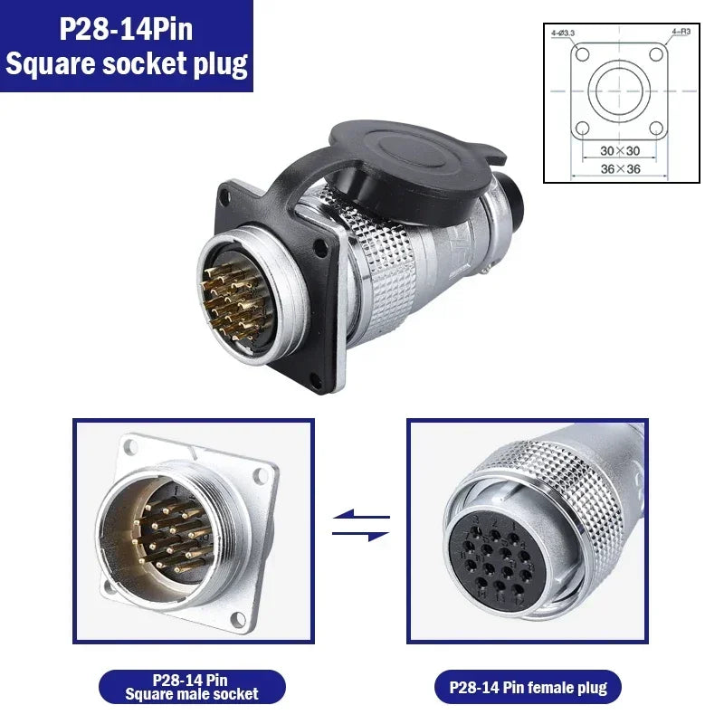 P28 Aviation Connector Square Flange Socket Male Female Circular Butt Joint 2/3/4/5/7/10/12/14/16/19/20/24 Pin P28K2Q PLS28