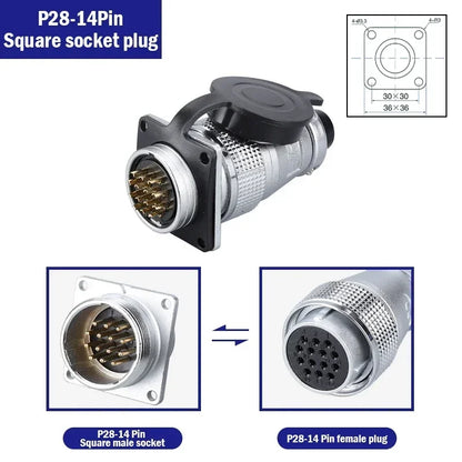 P28 Aviation Connector Square Flange Socket Male Female Circular Butt Joint 2/3/4/5/7/10/12/14/16/19/20/24 Pin P28K2Q PLS28