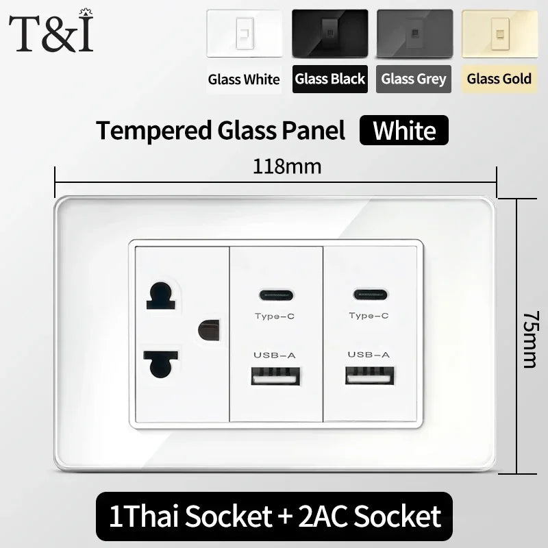 118x75mm Tempered Glass US Thai Socket Dual USB-C Ports 2 AC Outlets 110V Scratch-Resistant Panel