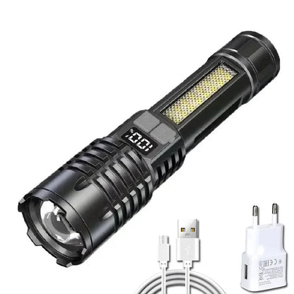 Rechargeable LED Tactical Flashlight with Digital Display Zoom & COB Emergency Side Lights | 5 Modes Type-C Charging