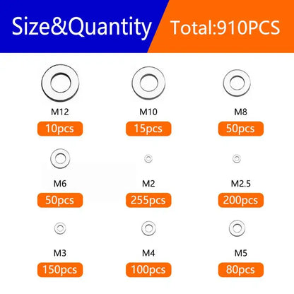 304 Stainless Steel Flat Washers Assortment Kit 910/200pcs — M2 M2.5 M3 M4 M5 M6 M8 M10 M12