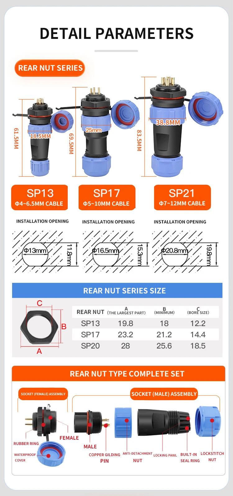 SP Series IP68 Waterproof Aviation Connector SP13 SP16 SP17 SP20 SP21 2-12Pin Panel Mount Plug and Socket