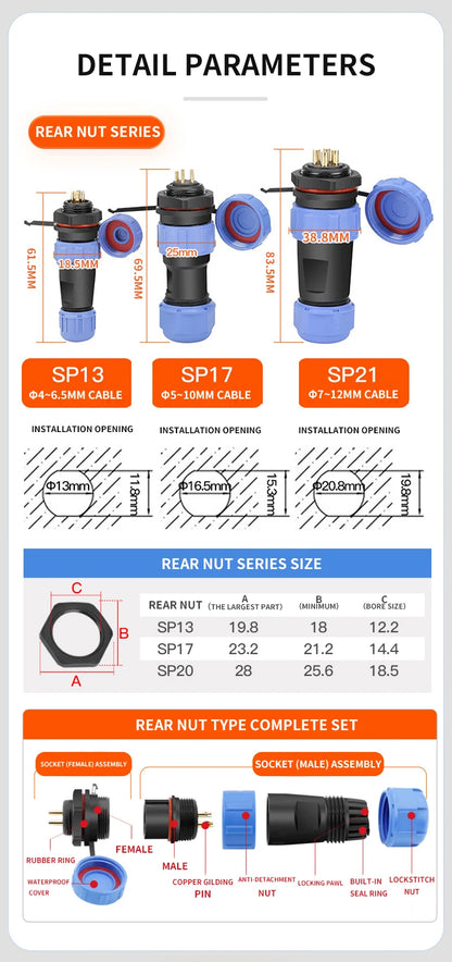 SP Series IP68 Waterproof Aviation Connector SP13 SP16 SP17 SP20 SP21 2-12Pin Panel Mount Plug and Socket