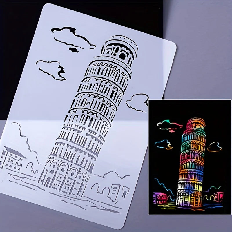 A4 DIY Painting Wall Stencil Airbrush   Drawing Copy Templates London Bridge Big Ben castle Burj Al Arab Five Towers White House