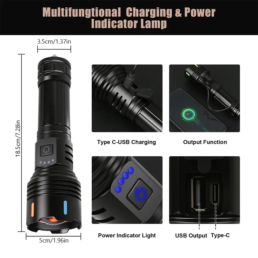 Super Bright LED Flashlight USB Rechargeable Zoom Tactical Torch