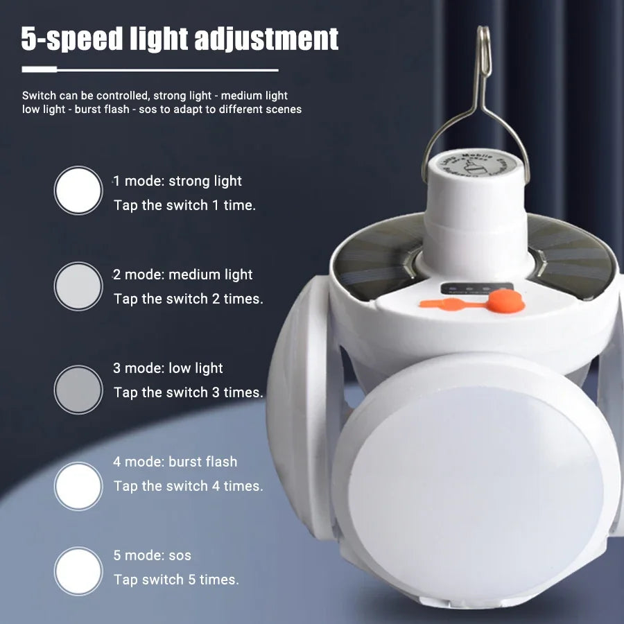 4-leaf Solar  LED Lantern Rechargeable Emergency Flashlight Portable Power Bank Foldable Tent Light for Outdoor Camping Fishing