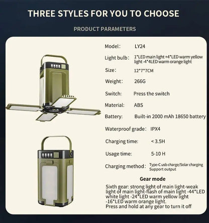 4-leaf Solar  LED Lantern Rechargeable Emergency Flashlight Portable Power Bank Foldable Tent Light for Outdoor Camping Fishing