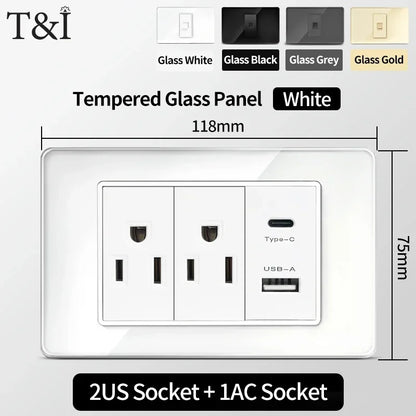 118x75mm Tempered Glass US Thai Socket Dual USB-C Ports 2 AC Outlets 110V Scratch-Resistant Panel