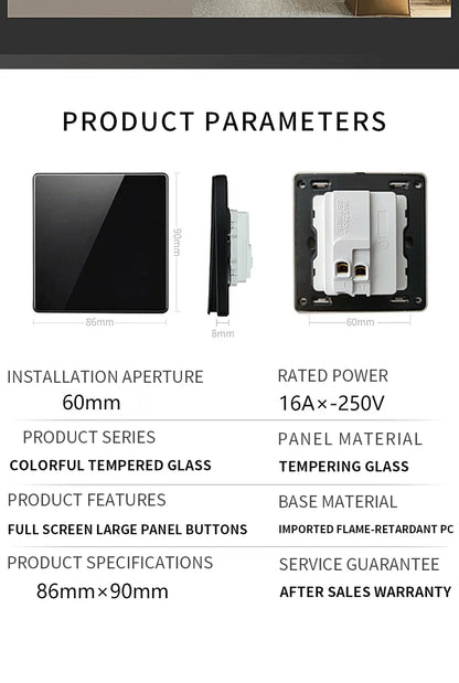 EU Russia France UK Socket AC Panel 86 Wall Switch Toggle Press Light Switch On/Off Crystal Tempered Glass Panel Wall Outlet