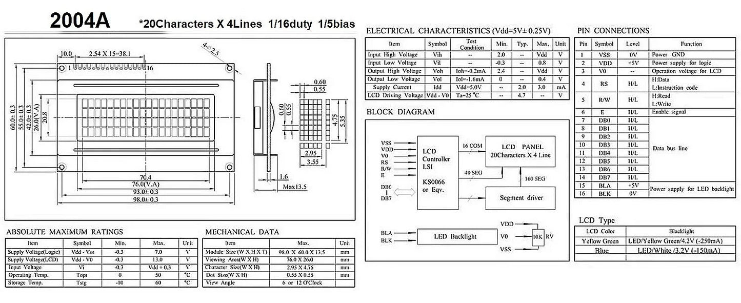 LCD2004A 20x4 Character I2C LCD Display Module HD44780 with Serial Interface Adapter Blue Green Screen for Arduino Projects