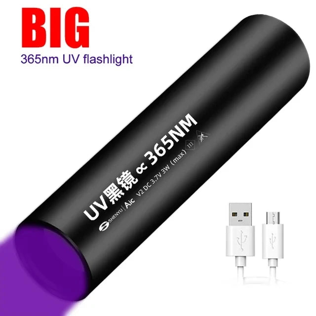 5W 365nm Mini UV Flashlight USB Rechargeable Ultraviolet Torch Pets Urine Cat tinea Money Ore Scorpion Detection Purple Light