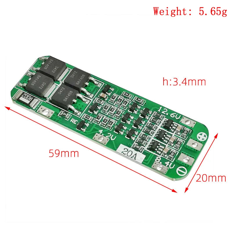3S 12.6V 20A Li-ion Battery Charger BMS Protection Board for 18650 Cells and Drill Motors