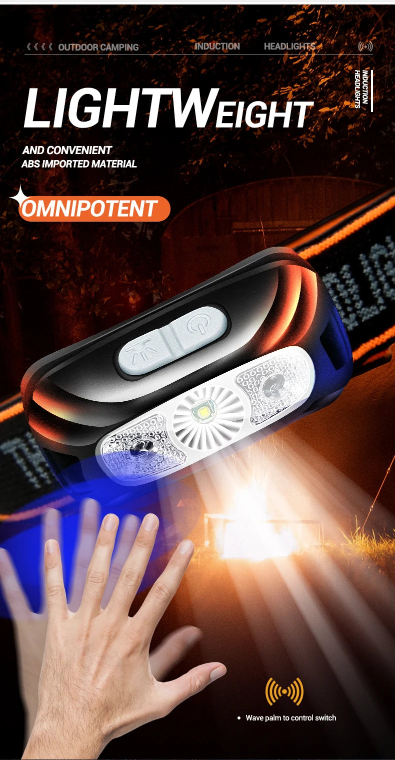 USB Rechargeable Sensor Headlamp LED Head Torch Built-in Battery Head Flashlight for Outdoor Camping Fishing Headlight Lantern