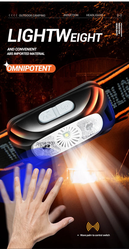 USB Rechargeable Sensor Headlamp LED Head Torch Built-in Battery Head Flashlight for Outdoor Camping Fishing Headlight Lantern