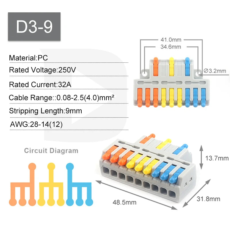 10PCS 3 In 9 Out Connector Wiring Terminal, Quick PCT Lamp Wire Connector, Parallel Wire Junction Box, One in Multiple Out Splitter
