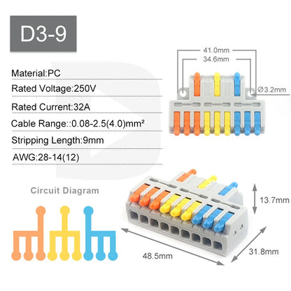 10PCS 3 In 9 Out Connector Wiring Terminal, Quick PCT Lamp Wire Connector, Parallel Wire Junction Box, One in Multiple Out Splitter