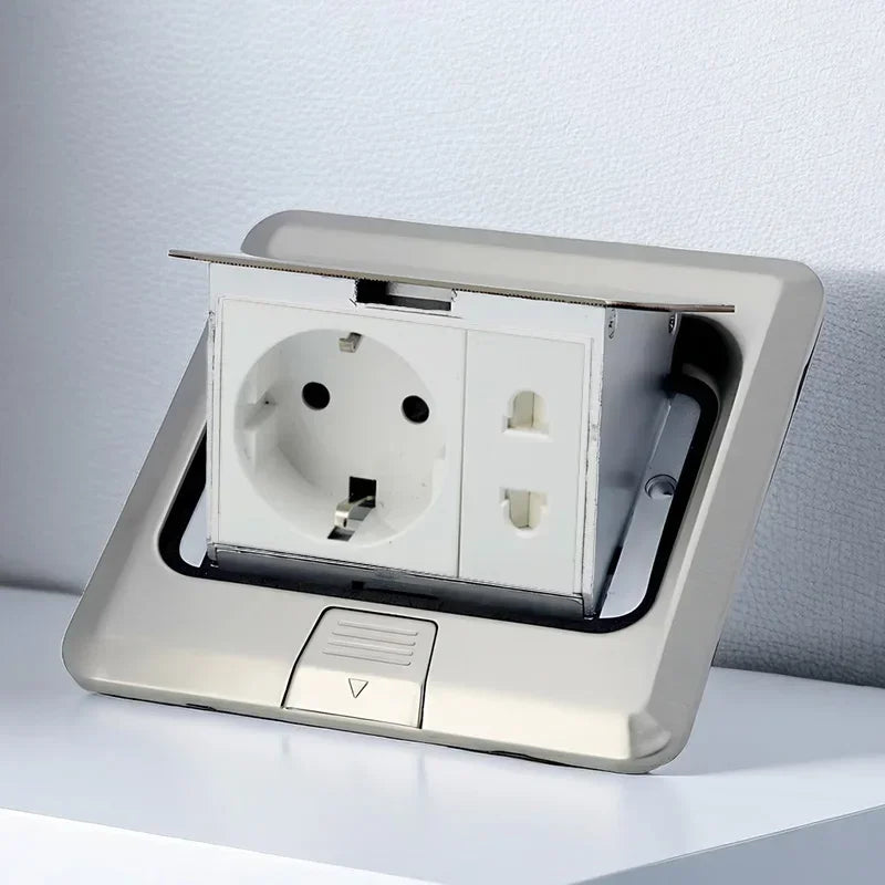 Floor Electrical Outlet Pop Up Kitchen Countertop Waterproof Sockets Pop Out Receptacle Stainless Steel Box Golden Cover 15A
