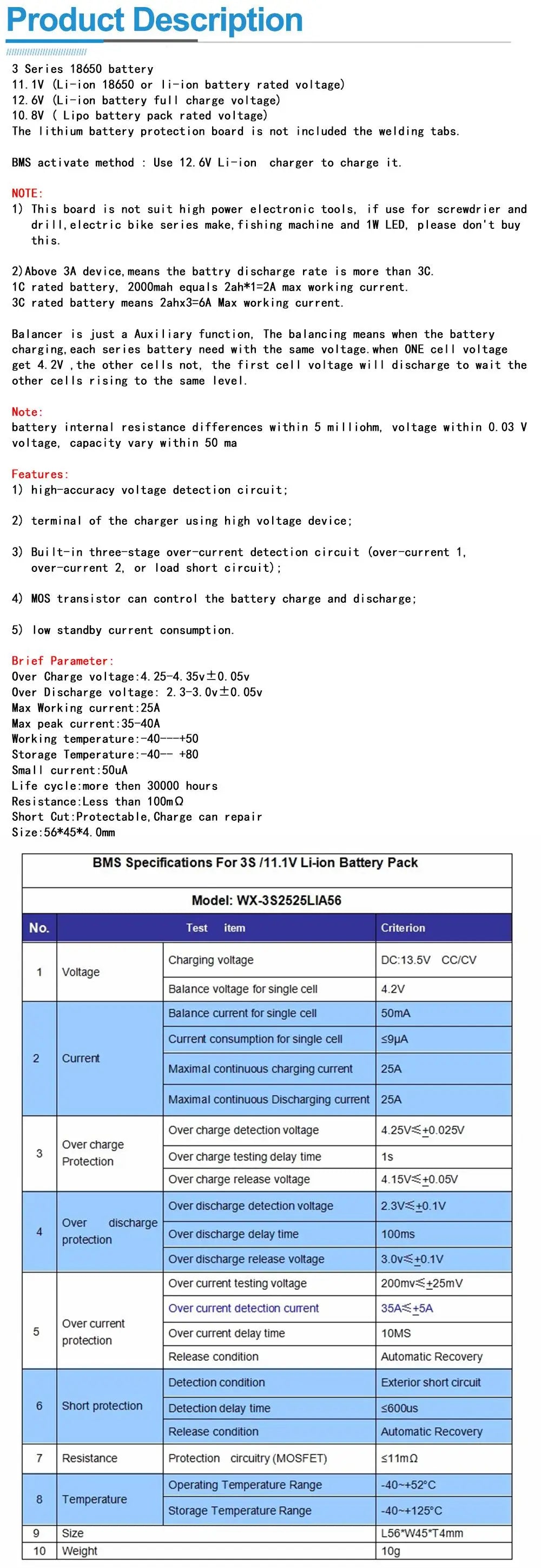 3S 25A Li-ion 18650 Battery Protection Board BMS PCM with Balance for Li-ion/LiPo Cells