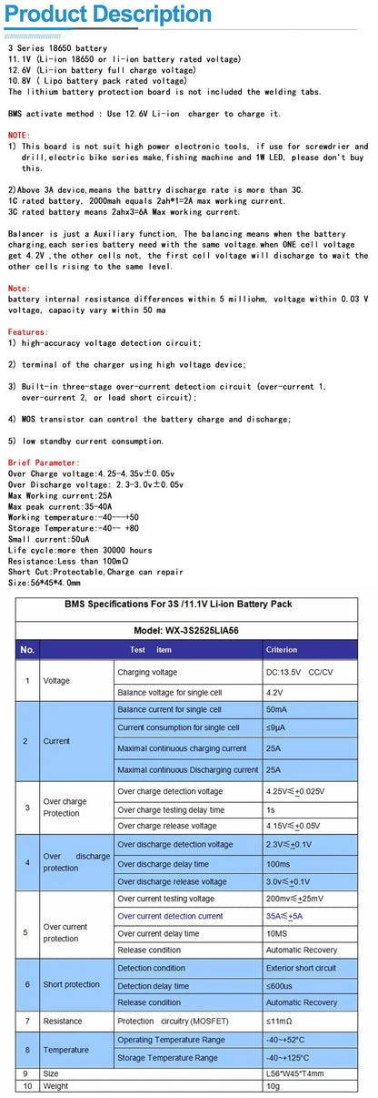 3S 25A Li-ion 18650 Battery Protection Board BMS PCM with Balance for Li-ion/LiPo Cells