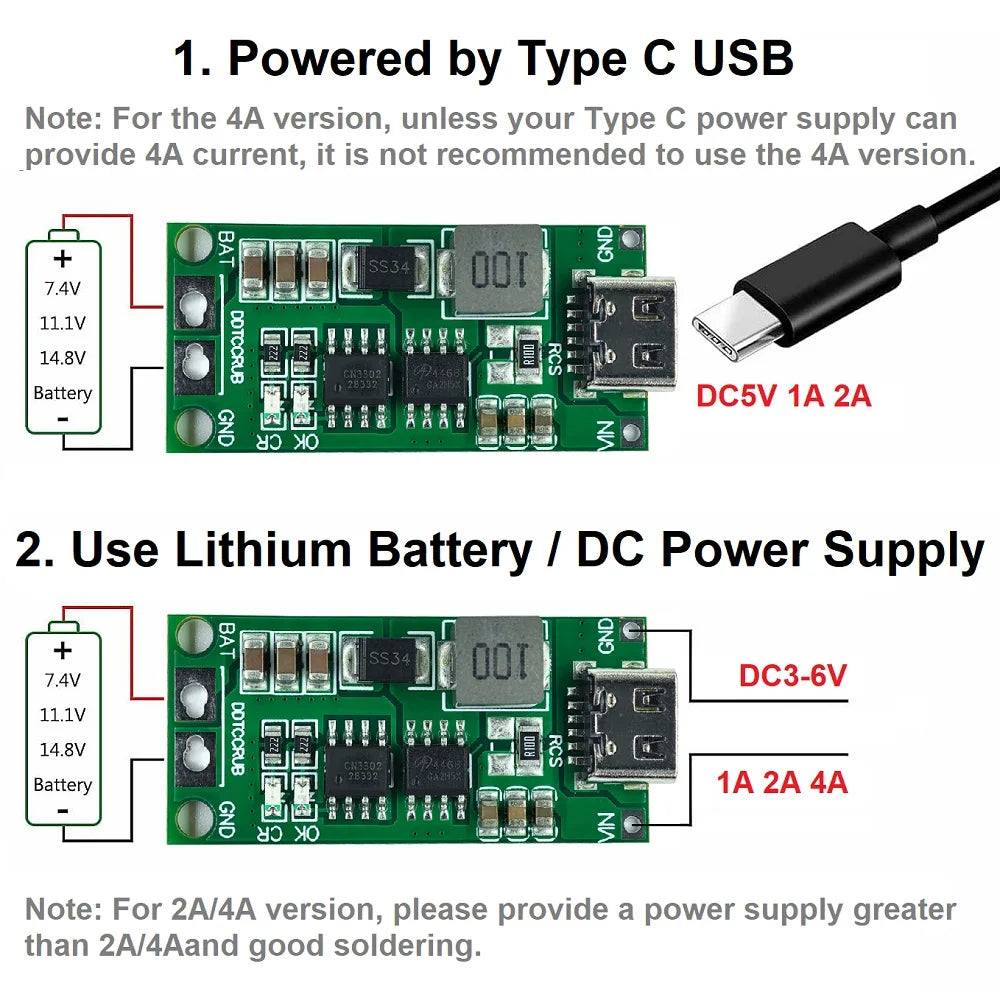 Multi-cell 2S-4S Type-C boost charger step-up module for 7.4V-16.8V LiPo and Li-Ion 18650 batteries, ideal for DIY electronics and battery projects