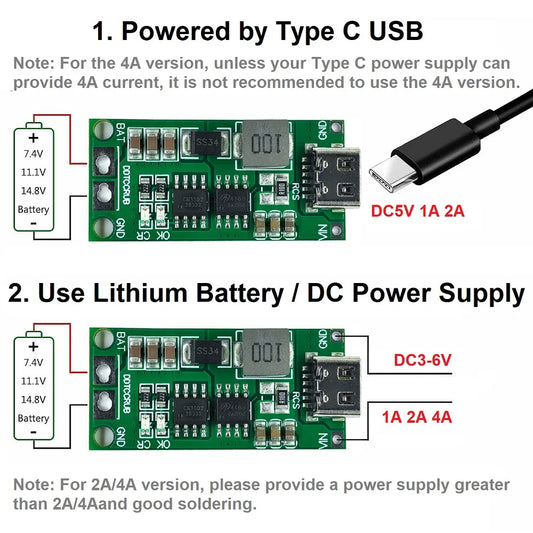 Multi-cell 2S-4S Type-C boost charger step-up module for 7.4V-16.8V LiPo and Li-Ion 18650 batteries, ideal for DIY electronics and battery projects
