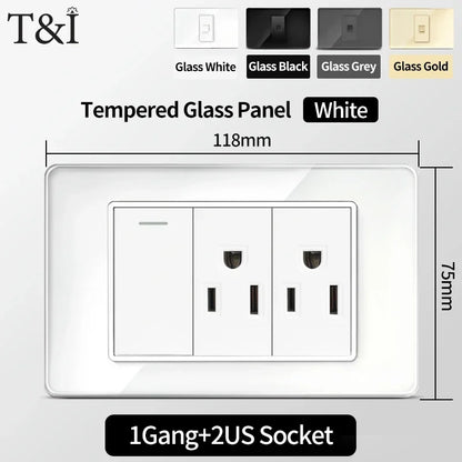 118x75mm Tempered Glass US Thai Socket Dual USB-C Ports 2 AC Outlets 110V Scratch-Resistant Panel
