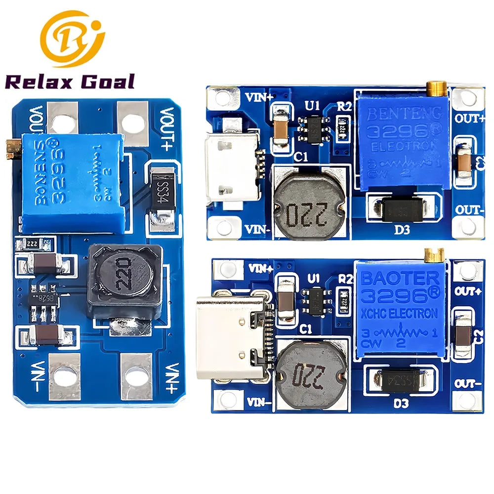 MT3608 DC-DC Adjustable Step-Up Boost Module 2A Type-C/Micro USB 2-24V to 5V/9V/12V/28V