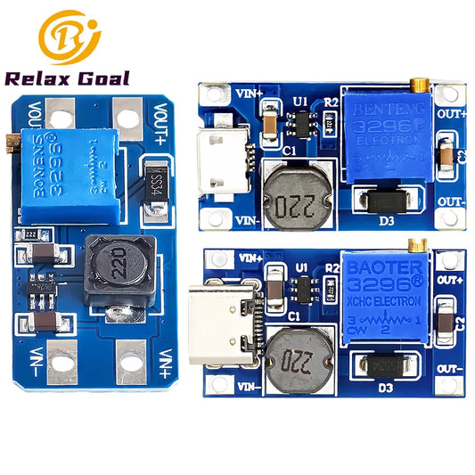 MT3608 DC-DC Adjustable Step-Up Boost Module 2A Type-C/Micro USB 2-24V to 5V/9V/12V/28V