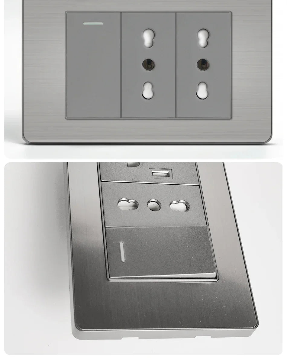 Stainless Steel Wall Socket 118x75mm Italian-Style with USB-C Schuko Chilean Plug Brushed Finish for Home Office