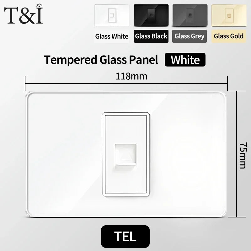 118x75mm Type-C Fast Charging Wall Socket Italy & Chile Schuko Outlet Tempered Glass Panel Type Switch